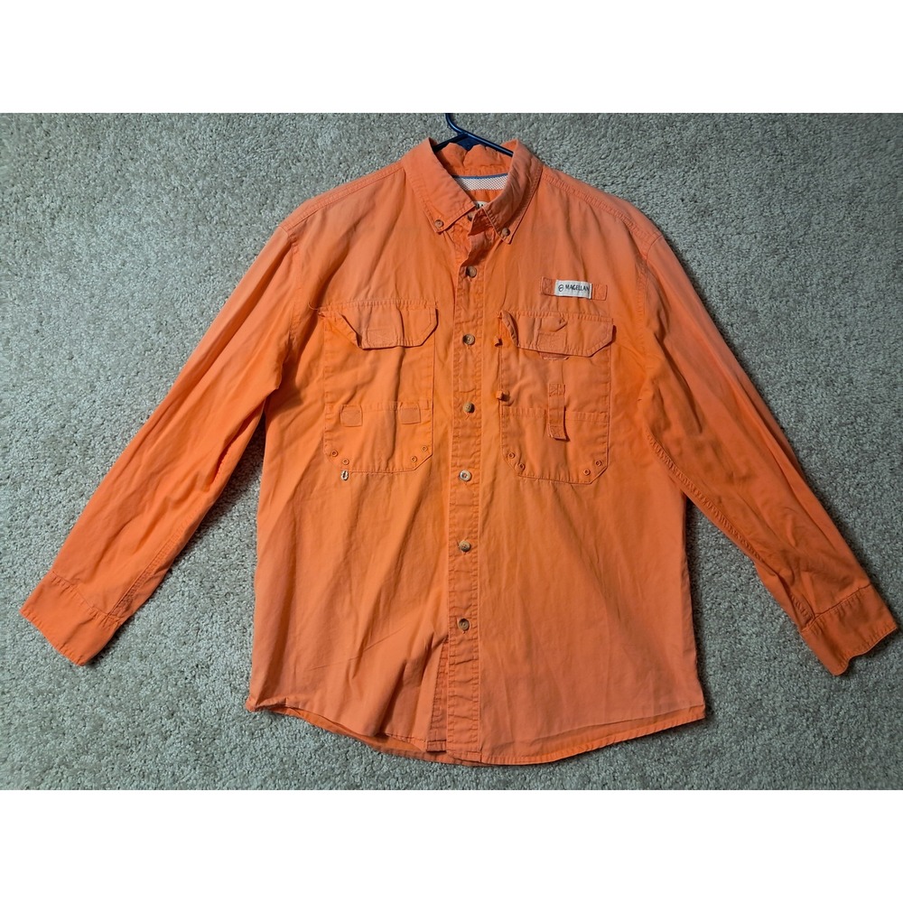 Magellan Outdoors Fishing Shirt Mens Small Orange MagRelease Vented Long Sleeve